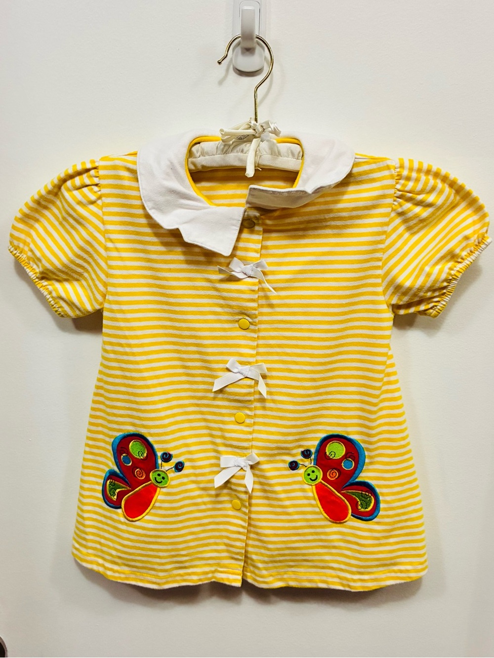 Buster Brown Yellow & White Striped Short Sleeve Top with Butterfly Appliqués